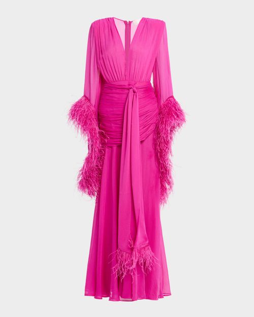Geisha Feather-Trim Chiffon Gown