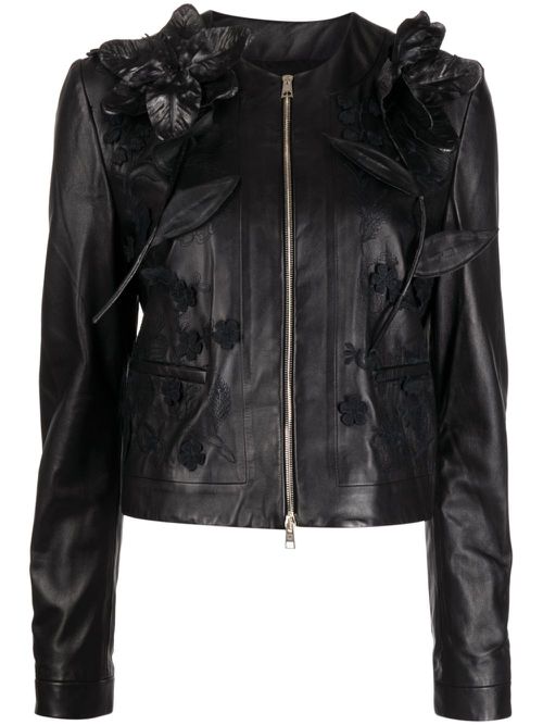 Floral-embroidered leather jacket - Black