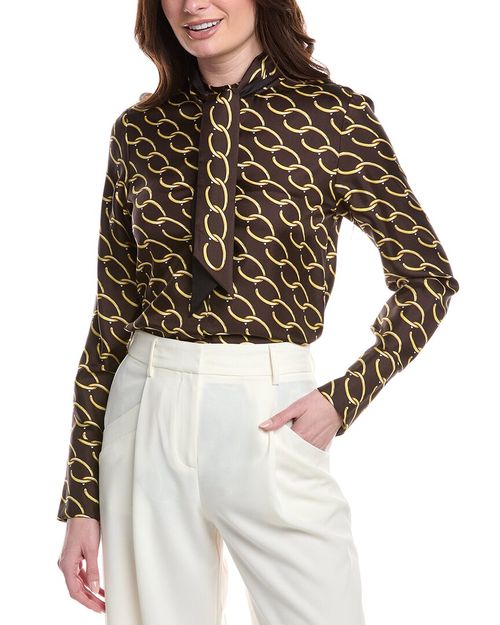 Tie-Neck Chain Print Silk Blouse