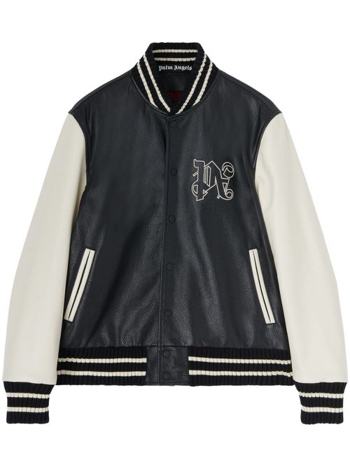 Monogram-print leather varsity jacket - Black