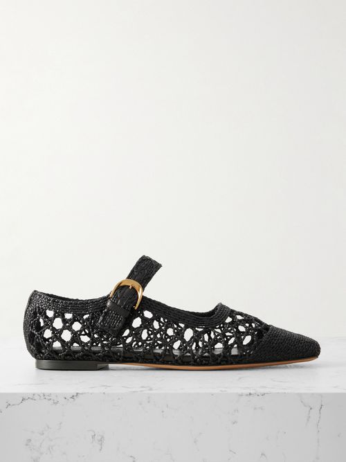 Tramonto Leather-trimmed Woven Raffia Mary Jane Ballet Flats - Black