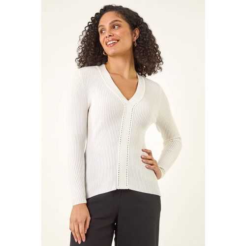 Roman Women's Ribbed V-Neck Cable Knit Jumper in Ivory