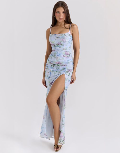 House of CB Lini blue floral print mesh maxi dress in blue floral