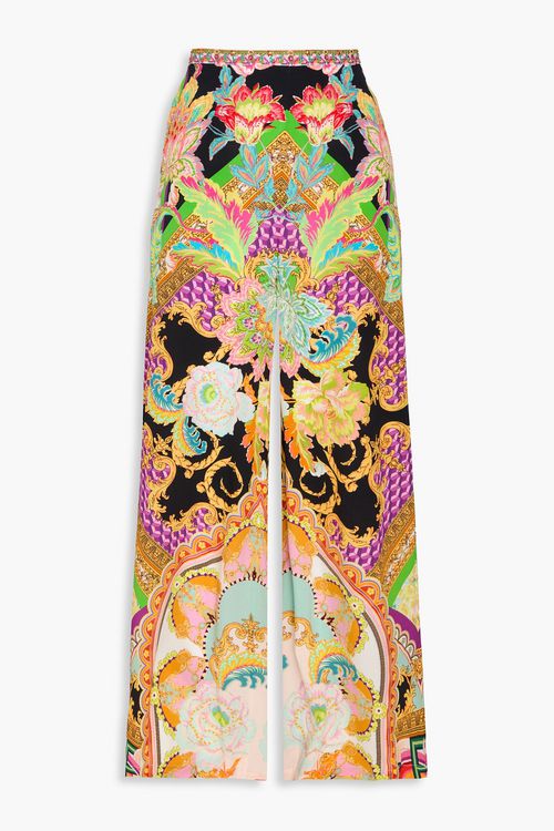 Crystal-embellished printed silk crepe de chine wide-leg pants
