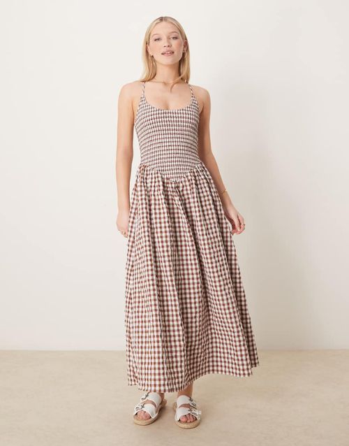 ASOS DESIGN scoop neck crinkle maxi dress with cross back in chocolate gingham-Multi