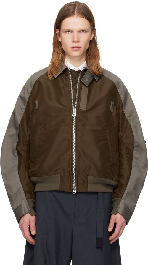 Brown & Gray Cotton Chino & Nylon Twill Bomber Jacket