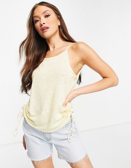 Ruched side linen vest top in buttermilk-Yellow