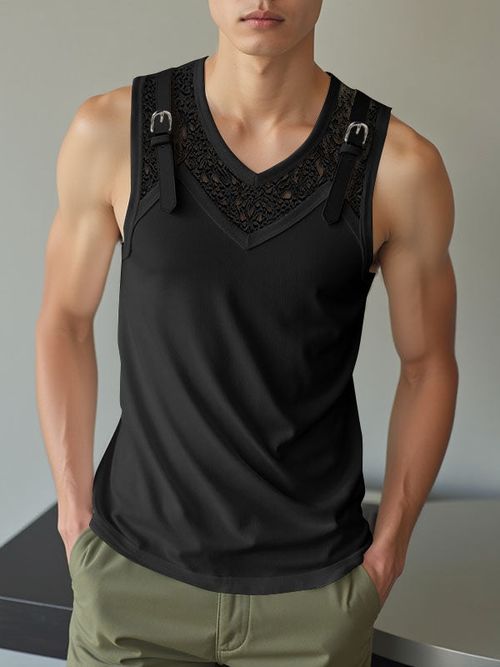 Mens Lace Patchwork Knit Tank SKUL05327 - Black / S