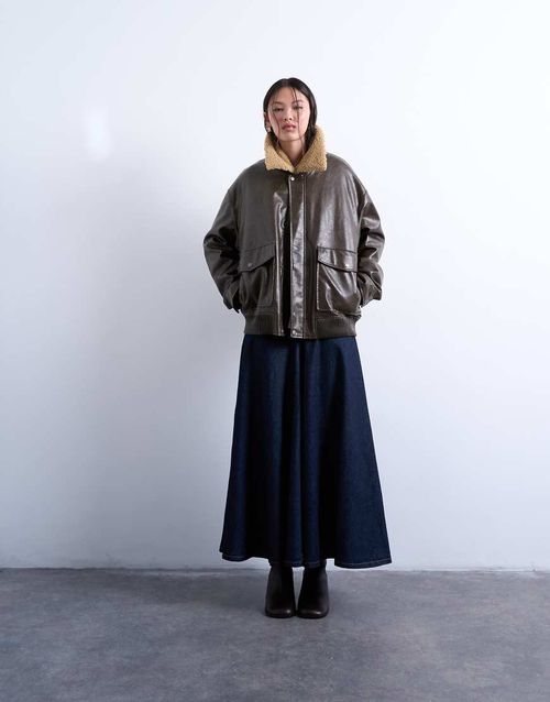 Denim yoke front maxi skirt in indigo rinse-Blue