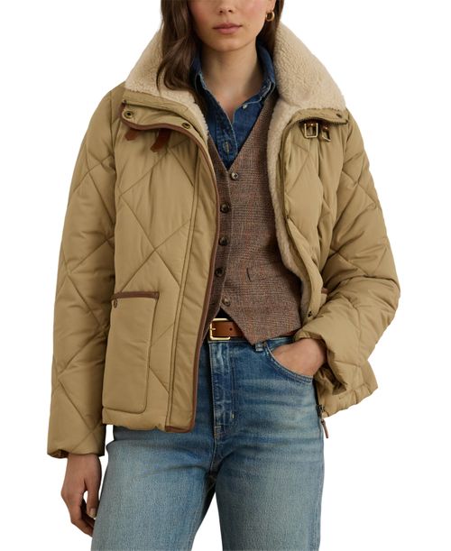 Women's Faux-Fur-Collar Diamond Quilted Jacket - Birch Tan
