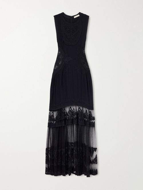 Florence Embroidered Tulle And Silk Crepe De Chine Gown - Black