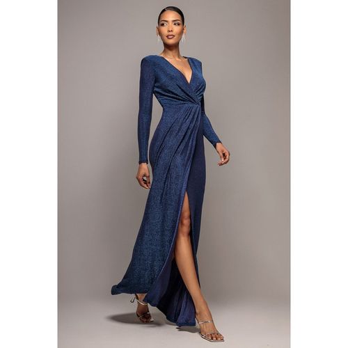 Goddiva Plunge Neck Wrap Front Split Lurex Maxi Dress - Navy Blue