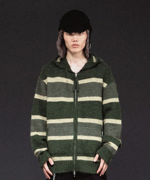 STRIPE KNIT HOODIE ZIP-UP KHAKI