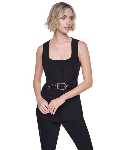Women's Belted Sleeveless Vest - Black