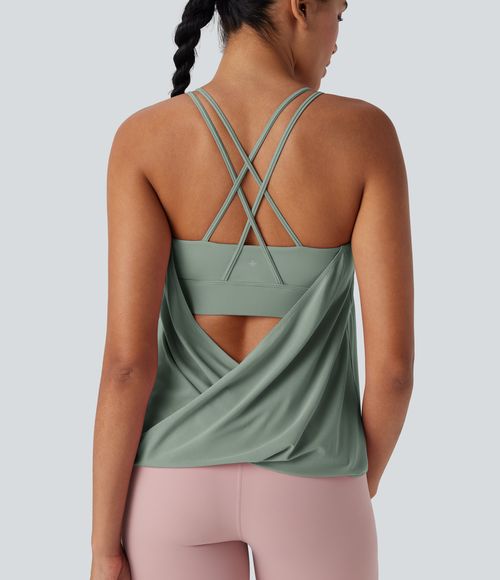 Double Straps Pleated Quick Dry Yoga Cami Top Tank Top - Iceberg Green