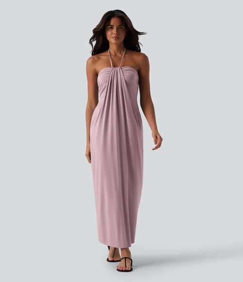 Halter Tie Back Maxi Dress with Pockets Casual Dress - Lilac Pink