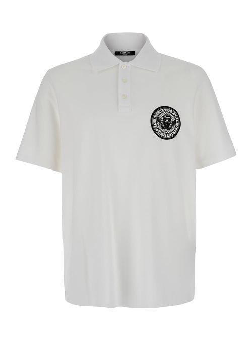 White Polo Shirt With Collar And Coin Print On The Front In Cotton Man