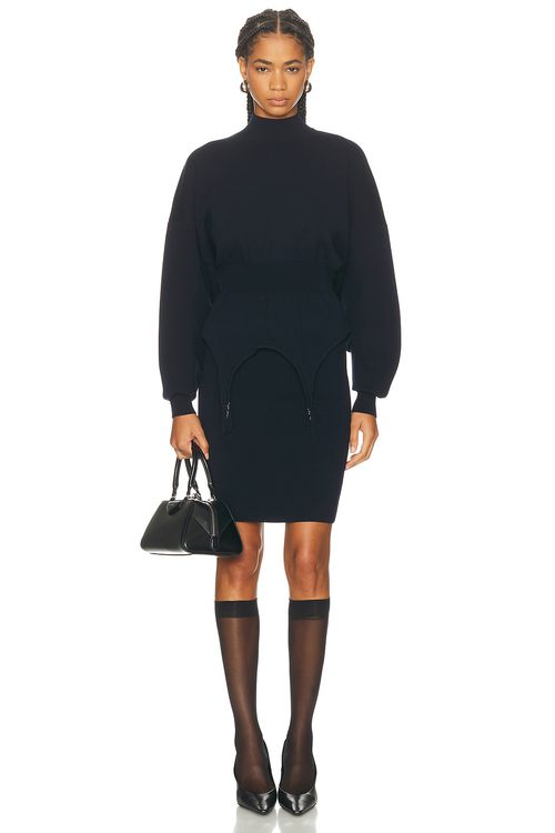 Jean Paul Gaultier Ribbed High Neck Bat Sleeves Lingerie Garter Short Dress in Navy
