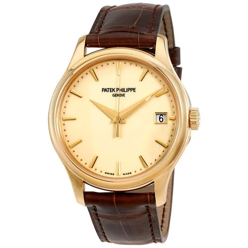 Calatrava Ivory Dial 18kt Yellow Gold Brown Leather Mens Watch 5227J-001