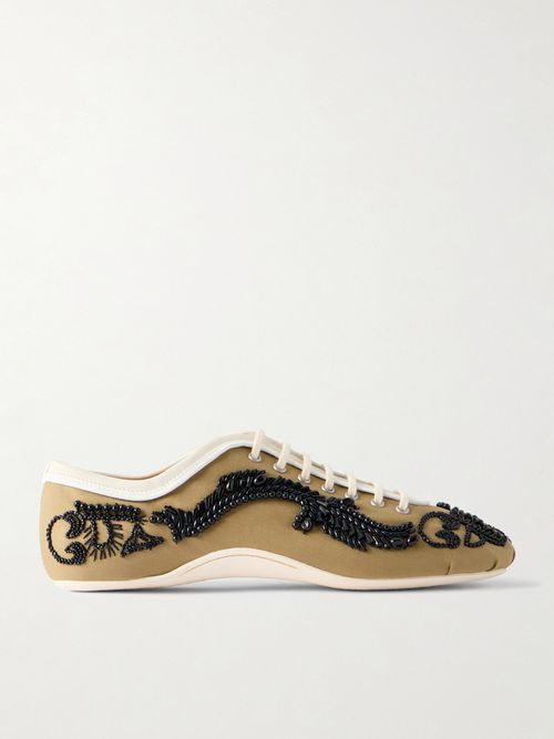 Embellished Leather-trimmed Sneakers - Brown