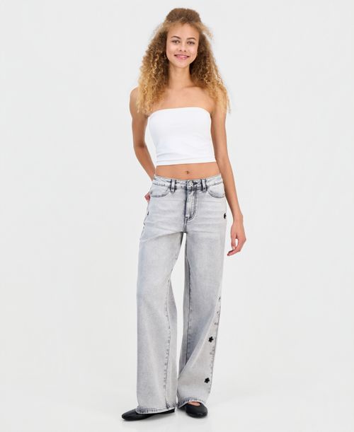 Juniors' Star Stud Mid Rise Wide Leg Jeans - Grey