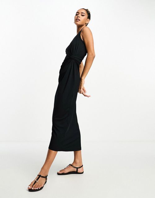 Racer neck twist front jersey bodycon midi dress in black