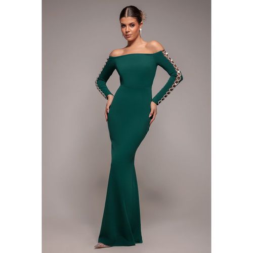 Goddiva Embellished Diamante Sleeve Bardot Maxi Dress - Emerald Green