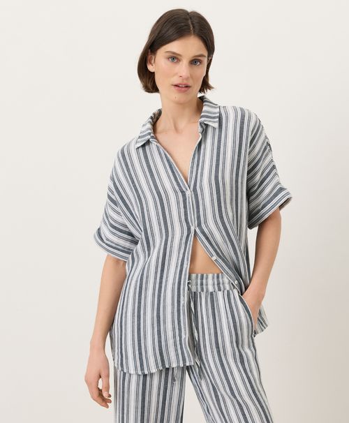 Women's Coastal Stripe Navy Blue Coastal Double Gauze Oversized Shirt