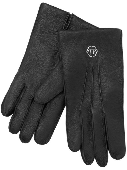 Appliqué-logo leather gloves - Black
