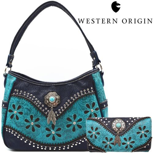 Tooled Leather Laser Cut Concealed Carry Purses Berry Concho Feather Country Western Handbags Shoulder Bags Wallet Set Turq