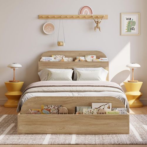 Garvee Twin XL Wooden Platform Bed Frame with Storage Headboard and Raised Footboard – Sturdy Slats, Low Profile, No Box Spring Needed, Kids & Adults Bedroom – Golden Sandalwood, TWIN