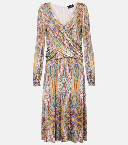 Printed gathered jersey midi dress
