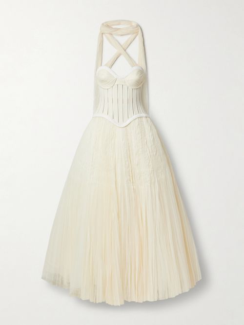 Anika Strapless Plissé Satin-trimmed Twill And Tulle Gown - Ivory