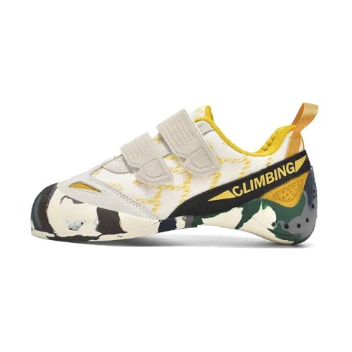 Rock Climbing Shoes with Touch Fastener, Camouflage Pattern, Rubber Sole, Indoor Outdoor Bouldering Training Shoes (White, Adult, Men,  Numeric, US Footwear