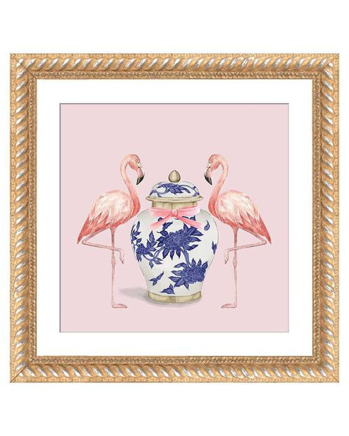 Chinoiserie Flamingos On Pink With Ginger Jar By Green Orchid Boutique Wall Art