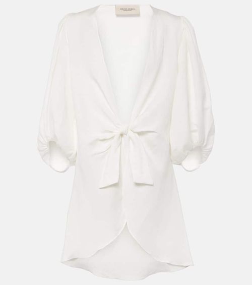 Puff-sleeve linen-blend blouse