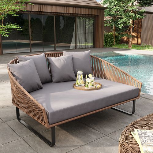 Lit de jour extérieur en rotin de 1600 mm avec coussin gris, cadre en aluminium