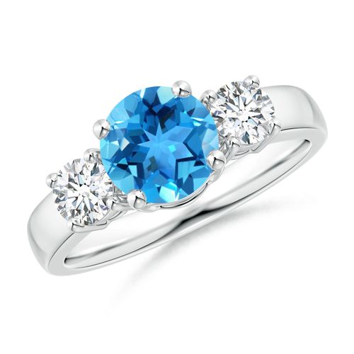 Angara 1.55 Carats Classic Round Swiss Blue Topaz and Diamond Three Stone Engagement Ring in Platinum