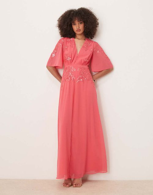 Hope & Ivy plunge front embellished maxi dress in coral-Orange