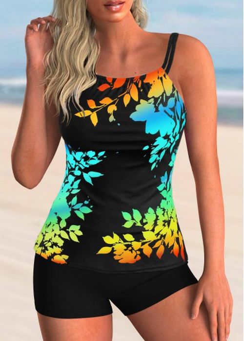 Modlily Cyan Leaf Print Tankini With Swim Shorts Printed Spaghetti Strap Drawstring Side Tankini Set
