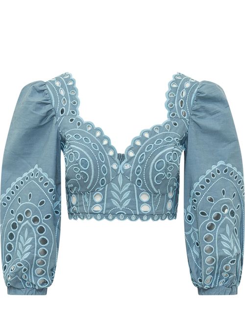 Blue Embroidered Sweetheart Neck Top