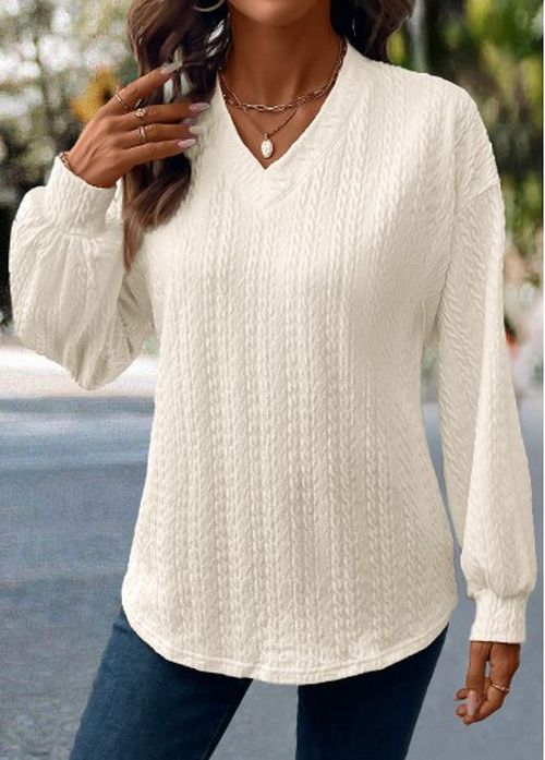 Modlily Beige Jacquard Long Sleeve V Neck T Shirt