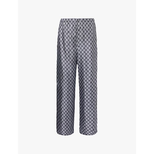 Womens Blue White Mc Supreme Branded-pattern Wide-leg Silk Trousers 8