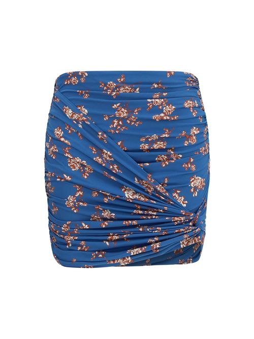 Draped Floral-Print Skirt — Blue