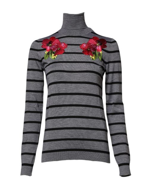 Floral-Embroidered Striped Sweater — Gray
