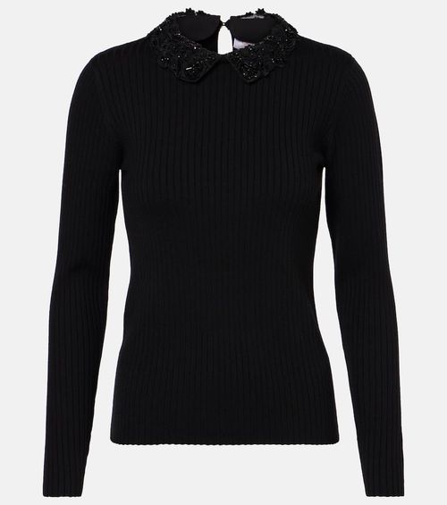 Embellished ribbed-knit wool top