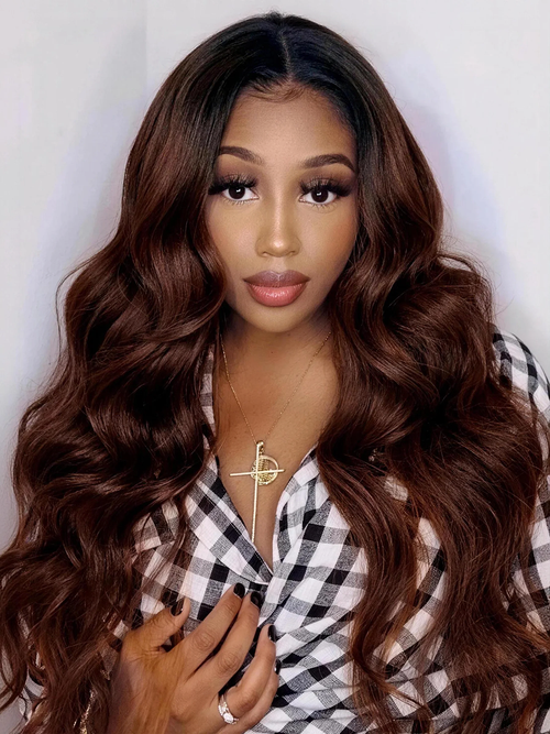 [Flash Sale] UNice Beginner Friendly Hollow Rose V Part Wig No Glue Throw On & Go Red Brown Body Wave Wig With Dark Roots Flash Dea