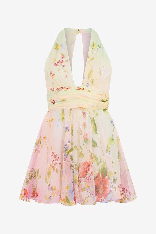 Chiffon Mini Dress With Miami Flowers Print