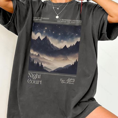 TEMU Women's Loose Fit Round Neck T-shirt - Minimalist Casual Casual Attire With Mountain Starry Night Graphic Print, Soft Breathable Fabric, Machine