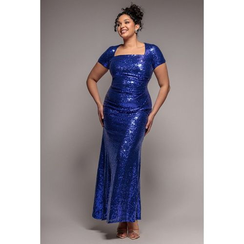 Goddiva Plus Sequin Portrait Neckline Maxi Dress - Royal Blue